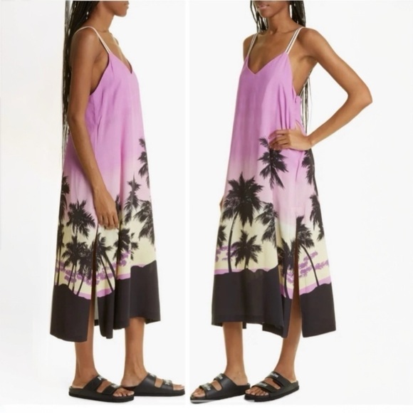 Palm Angels Pink Sunset Satin Slip On Palm Print Midi Slit Logo Dress Size 4 NEW - Picture 5 of 14